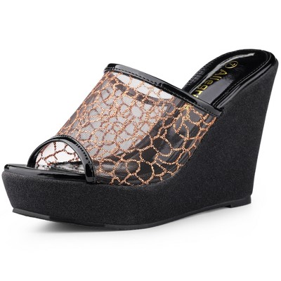 Allegra K Women's Glitter Platform Slip on Wedge Slide Sandals