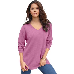 Roaman's Women's Plus Size Fine Gauge Drop Needle V Neck Sweater - 1 of 4