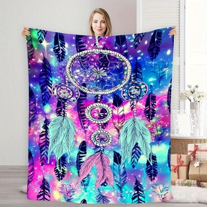 Lomsoe Flannel Blanket, Soft, Warm, and Vibrant Starry Sky Design with Feathers and Beads, Perfect for Naps, Camping, Travel. - 1 of 4