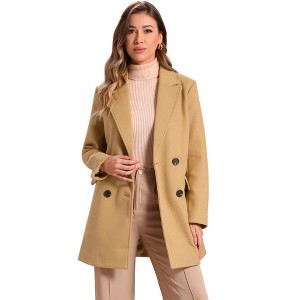 INSPIRE CHIC Women's Notch Lapel Double Breasted Belted Mid Long Outwear Winter Coat - 1 of 4