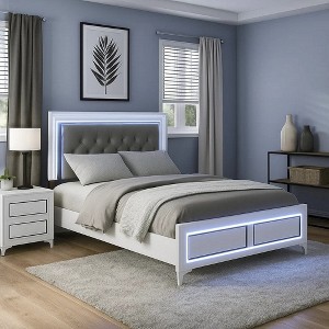 Royal Hampton Queen Size Bed, LED Trim, Button Tufted Headboard, White - 1 of 4