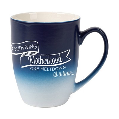 Elanze Designs Surviving Motherhood One Meltdown At A Time Two Toned Ombre Matte Navy Blue and White 12 ounce Ceramic Stoneware Coffee Cup Mug
