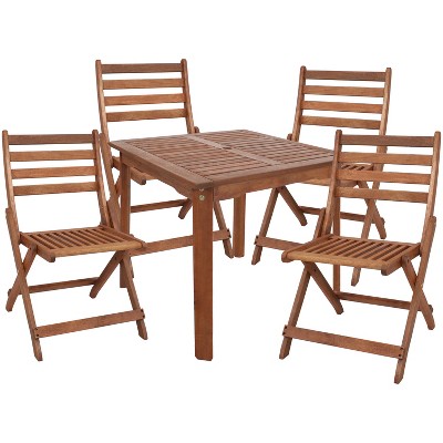 Sunnydaze Outdoor Meranti Wood with Teak Oil Finish Square Dining Table with Folding Chairs - Brown - 5pc