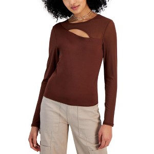 Crave Fame Womens Asymmetrical Mesh Long-Sleeve Top Knit Blouse - 1 of 1