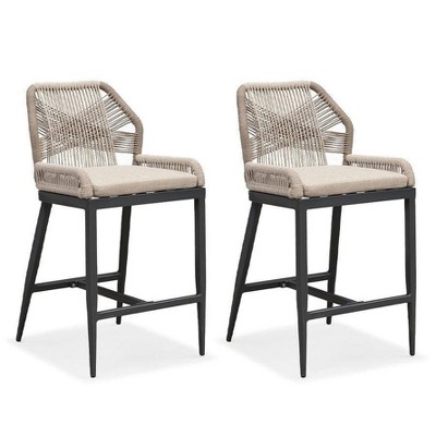 PURPLE LEAF Bar Stools Set of 2 Height Metal Bar Chairs with Back Modern Aluminum Tall Comfy Wicker Woven Boho Barstools Garden Pool Patio Outdoor