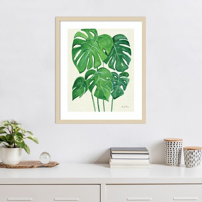 Tropical Green Monstera Leaves Watercolor Wood Framed Print, 21 x 25
