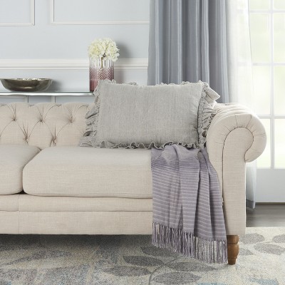Gray Linen Rectangular Throw Pillow with Frilled Border