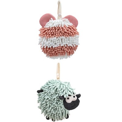 REGALWOVEN 2 Packs Chenille Fuzzy Ball Bathroom Sheep Shape Absorbent Fast Drying Hand Towels 7" x 7"