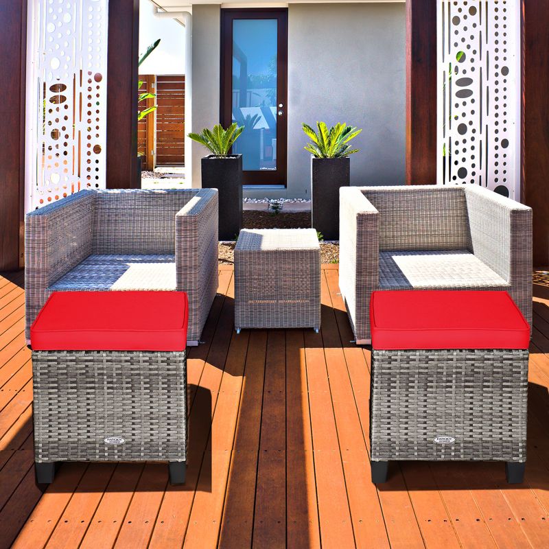 Tangkula Set of 2 Outdoor Rattan Cushioned Ottoman Seat All Weather Patio Footrest Red/Turquoise, 2 of 7
