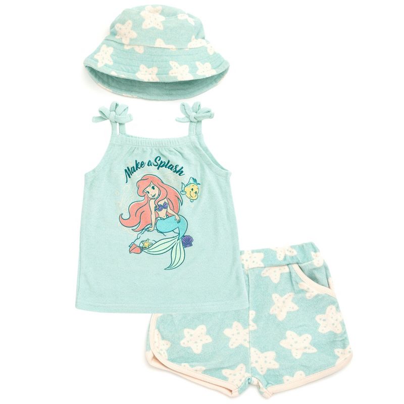 Disney Minnie Mouse Little Mermaid Girls Tank Top Dolphin Active Shorts and Hat 3 Piece Newborn to Infant, 1 of 8