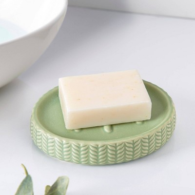Sage Green Ceramic Embossed Soap Dish with Woven Design