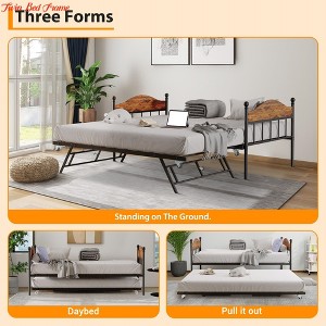 Bedroom Daybed with Trundle, Twin Bed Frame w/ Sturdy Metal Foldable Trundle Bed, Trundle Bed Twin w/Stylish Headboard - 1 of 4