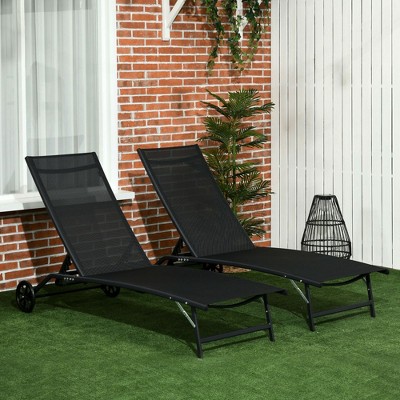Black Mesh Adjustable Outdoor Chaise Lounge Set with Wheels