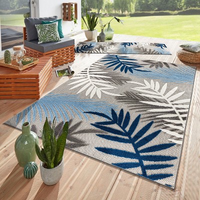 Evora Blue and Gray Palm Frond Indoor/Outdoor Area Rug