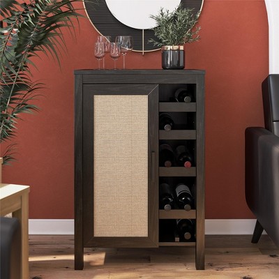 Wimberly Black Oak and Faux Rattan Bar Cabinet
