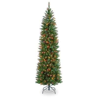 National Tree Company Kingswood 7.5 Foot Artificial Slim Pencil Christmas Holiday Fir Tree with 350 Multicolored Lights and Metal Stand, Green