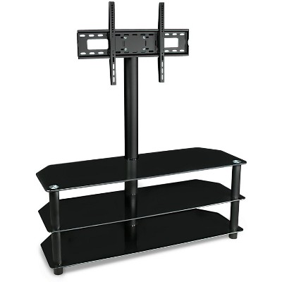 Mount-It! Floor Standing TV Stand w/ 3 Tiered Tempered Glass Equipment Shelves | Entertainment Center w/ Glass Shelves & Flat Screen Mounting Bracket