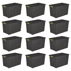 Sterilite Stackable 35 Gallon Storage Tote Box with Latching Container Lid for Home and Garage Space Saving Organization, Gray (12 Pack)