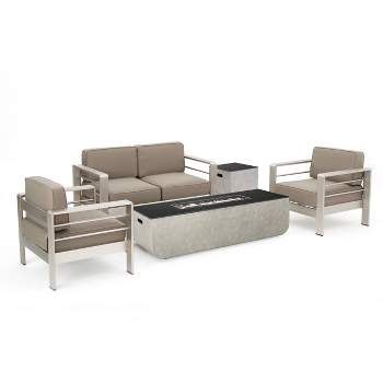Cape Coral 5pc Outdoor 4 Seater Aluminum Chat Set with Fire Pit - Silver/Khaki - Christopher Knight Home
