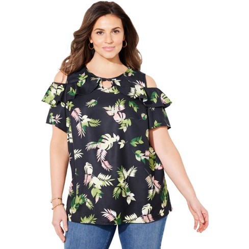 Catherines Women's Plus Size Petite Open-Shoulder Georgette Top - image 1 of 4