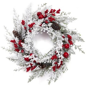 Snow Flocked Christmas Wreath, Apples Pine Cones Berries, Holiday Front Door Indoor Outdoor Winter Decor - 1 of 4