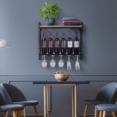 Elegant 2-Tier Black Melamine & Steel Wine Rack with Glass Holder