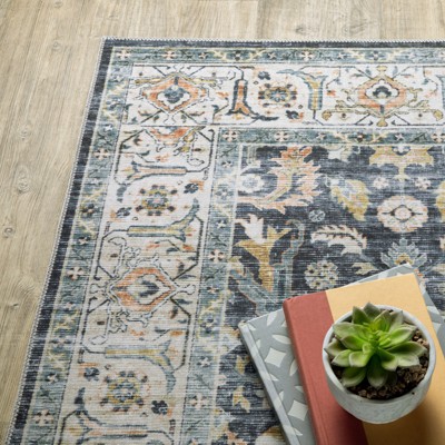 Charleston Blue and Gold Washable Polyester Area Rug 3'6" x 5'6"