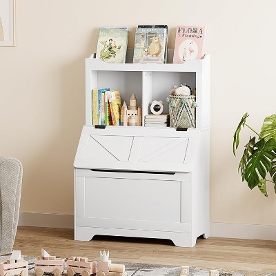 Kids Bookshelf, Toy Storage Organizer with Flip-Top Lid and Cubby, Wood Kids Bookcases Fit