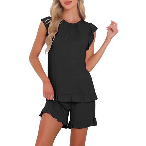 INSPIRE CHIC Women's Cute Ruffle Trim Cap Sleeve Tops and Shorts 2 Piece Pajama Sets - image 1 of 4