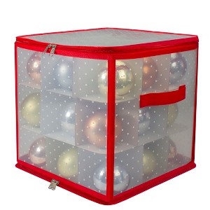 Northlight Transparent Zip Up Christmas Storage Box - 12" - Holds 27 Ornaments - Red and Clear - 1 of 3