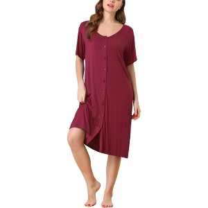cheibear Women's Nightgown Button Down Short Sleeve Soft Modal Loose Pajama Sleepshirt - 1 of 4