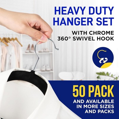 Black Velvet Non-Slip Clothes Hangers with 360° Swivel Hook, Pack of 50