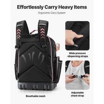 VEVOR Tool Backpack, 56 Pockets, Heavy-duty Tools Storage Organizer Work Bags with Laptop Compartment & Molded Base, Black+Pink — фото 5