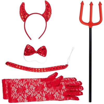 Blue Panda Set of 5 Kids Devil Accessories with Headband Bowtie Tail Pitchfork Gloves, Halloween Children Costume, Girls Ages 6-14