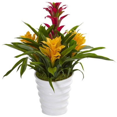 Nearly Natural 17-in Bromeliad in White Swirl Vase