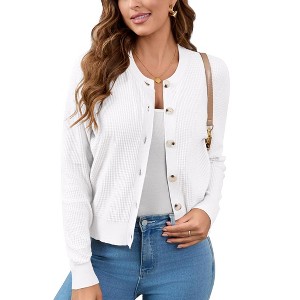 Womens Waffle Knit Cardigan Long Sleeve Button Down Cardigan Round Neck Ribbed Cuff Sweater Knit Jackets - 1 of 4