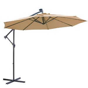Okak 10FT Outdoor Umbrella with 32 Solar LED, Easy Open Patio Umbrella with Crank, Heavy Duty Umbrella for Poolside, Garden, Taupe - 1 of 4