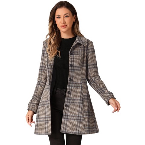 INSPIRE CHIC Women's Winter Peter Pan Collar Single Breasted Long Coat X-Small Khaki Plaid