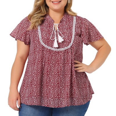 Agnes Orinda Women's Plus Size Bib Peasant Ditsy Floral Tie Neck Keyhole  Chiffon Blouse Red 3x : Target