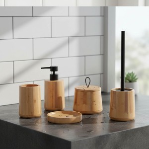 Evideco French Home Goods 5-Piece Bathroom Accessory Set in  Bamboo with Toothbrush Holder Soap Dispenser.... - 1 of 4