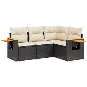 vidaXL 4 Piece Patio Sofa Set with Cushions Black Poly Rattan - Black and Cream Without Table - 1 of 4