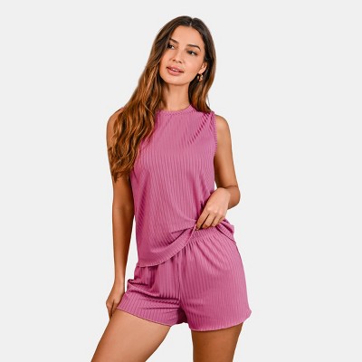Women's Chic Ribbed Knit Tank Pajama Sets in Dusty Rose - Cupshe