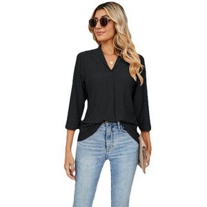 Women's 3/4 Sleeve Length Tops V Neck Shirt Dressy Casual Business Eyelet Embroidery Hollow-Out Blouse - 1 of 4