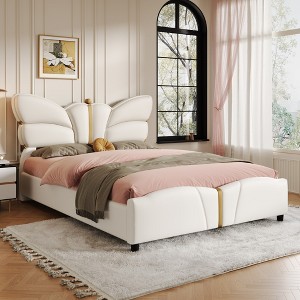 Grungis Full/Queen Size Upholstered Bed Frame with Butterfly Shaped Headboard,PU Leather Platform Bed with Gold Metal Decorations - 1 of 4