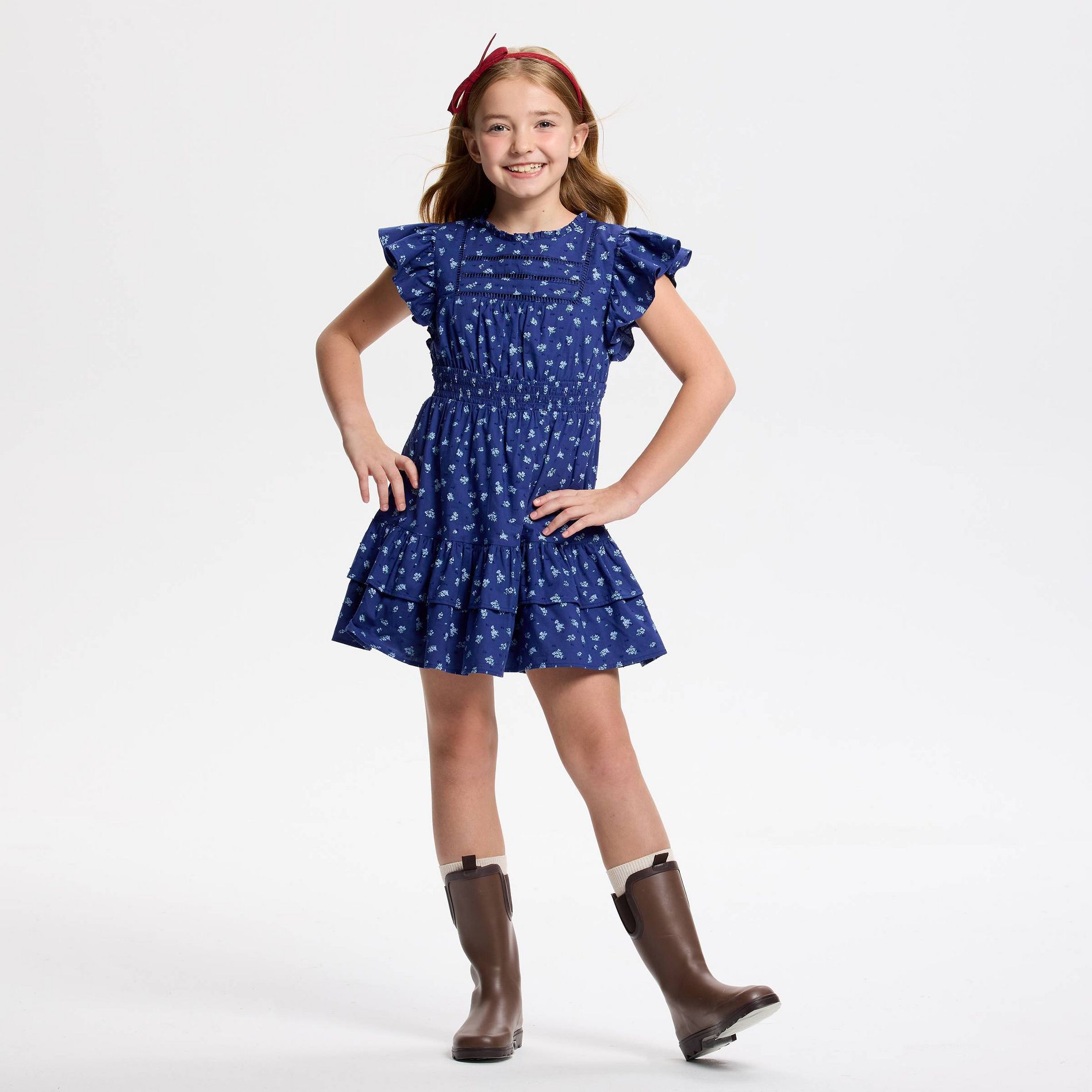 Owillo® Girls' Flutter Short Sleeve Floral Printed A-Line Dress - Blue