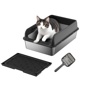 Large Stainless Steel Litter Box with Lid, Litter Box with Sifter Scoop and Double Layer Litter Mat, 6" Deep Metal Cat Litter Box - 1 of 4