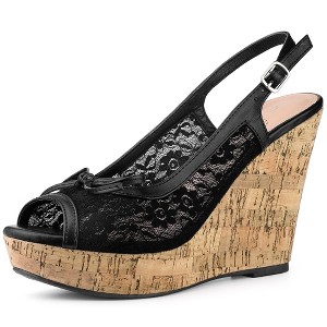 Perphy Women's Platform Heels Lace Bow Decor Slingback Wedge Sandals - 1 of 3