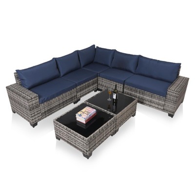 FIONECA Deluxe 7-Piece Patio Furniture Set ¨C Gray Rattan Outdoor Conversation Set with Blue Cushions & 2 Tables