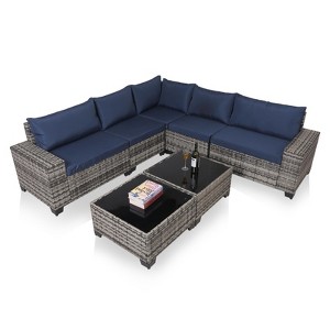 FIONECA Deluxe 7-Piece Patio Furniture Set ¨C Gray Rattan Outdoor Conversation Set with Blue Cushions & 2 Tables - 1 of 4
