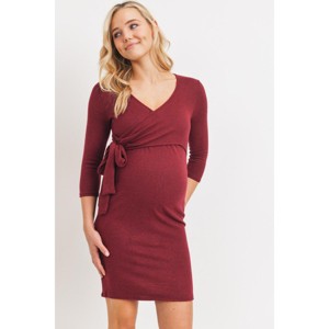 Hello Miz Women's 3/4 Sleeve Wrap V Neck Maternity Dress - 1 of 4